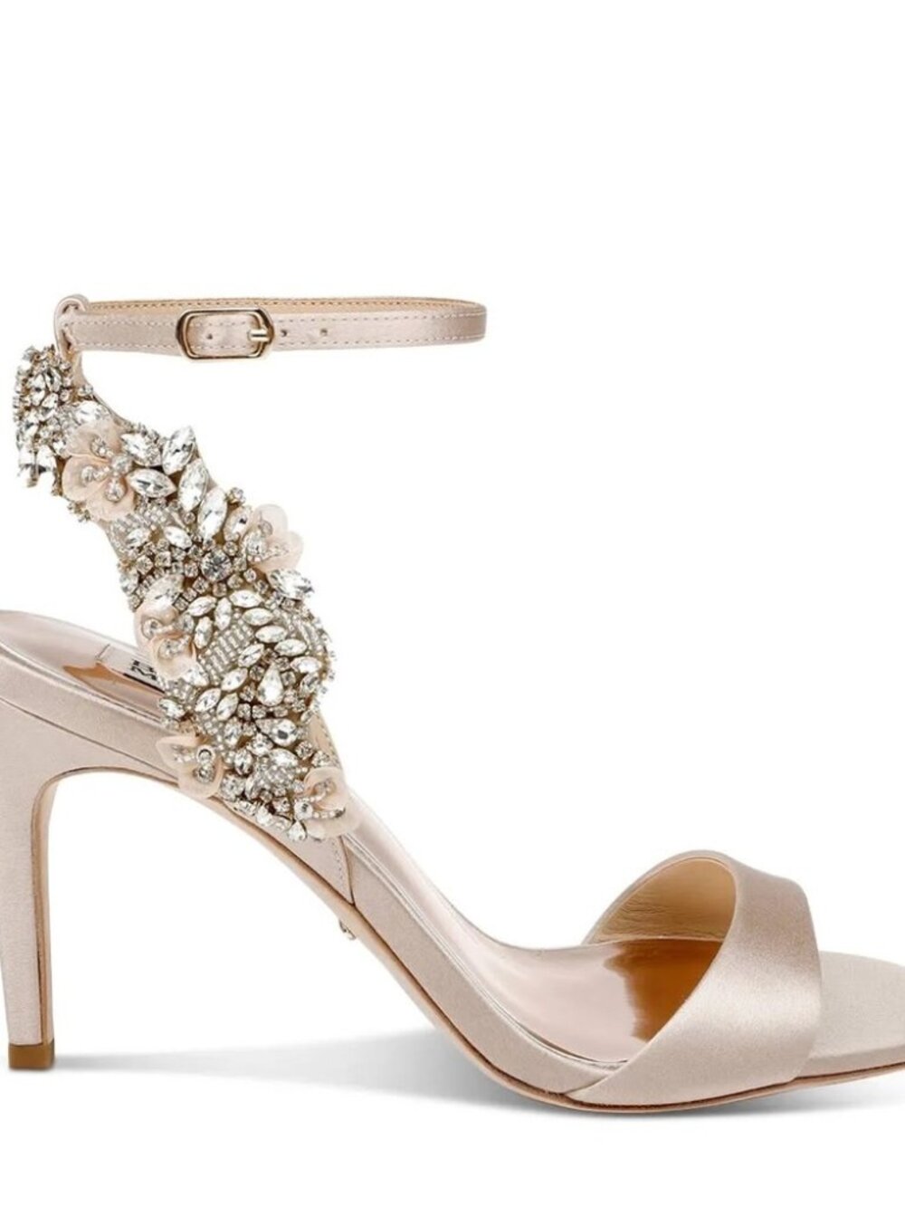 Badgley Mischka Tisha Embellished Heeled Sandals in Nude Satin, Size 8